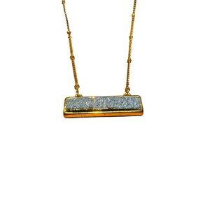 Gold Tone Bar Pendant Necklace With Textured Blue Stone & Lobster Clasp